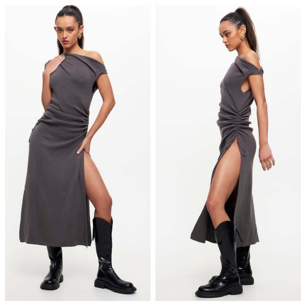 Lioness Womens Grey Rib Knit Ruched Asymmetrical Off Shoulder Midi Dress Size M